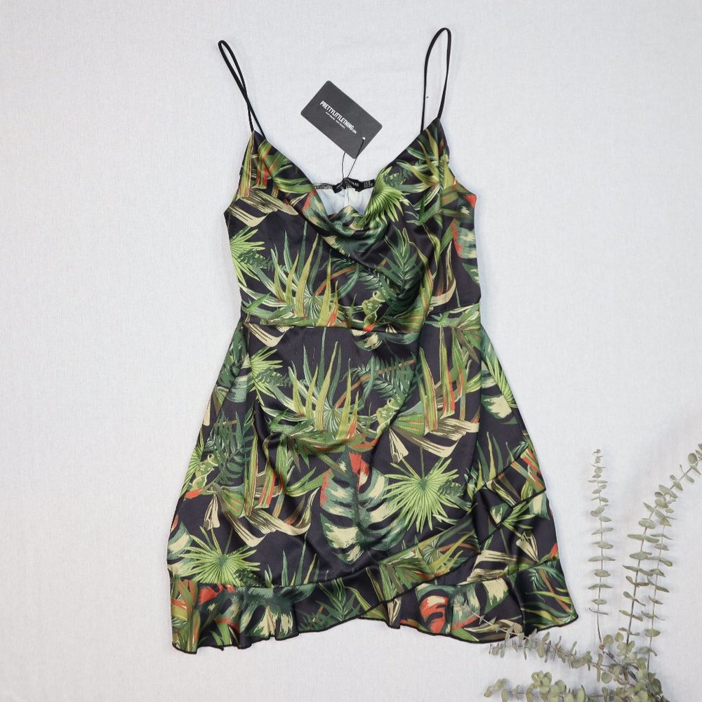 PLT tropical print hammered satin frill hem detail